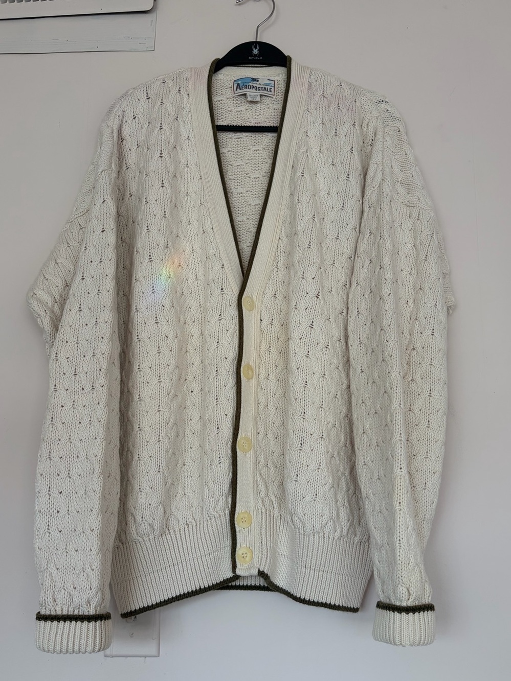 Aeropostale Men's Off-White Cable Knit Cardigan with Olive Trim. Vintage